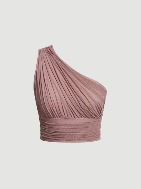 Dusty Pink One Shoulder Ruched Red Slim Fit Crop Top