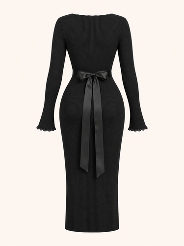 Elegant Fitted Lace Patchwork Flare Sleeve Cinched Waist Dress