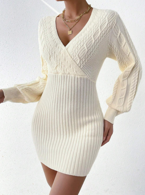 Solid Wrap Detail Ribbed Knit Sweater Dress Without Belt