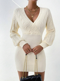 Solid Wrap Detail Ribbed Knit Sweater Dress Without Belt