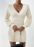 Solid Wrap Detail Ribbed Knit Sweater Dress Without Belt