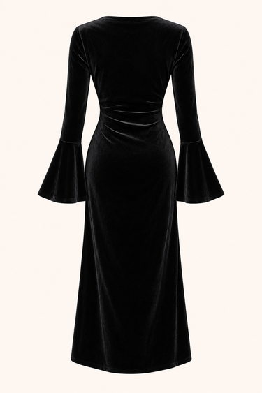 Flared Sleeve Slim Fit Little Black Midi Dress