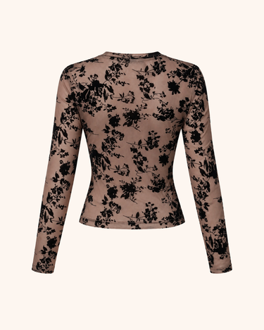 Flocked Floral Print Mesh Long Sleeve Top