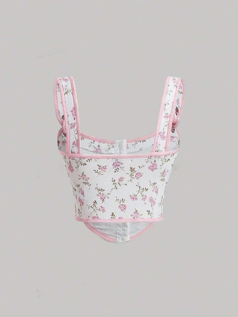 Floral Print Knot Front Wide Straps Crop Top