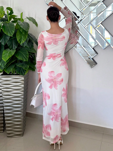 Floral Print Pleated Long Sleeve Dress