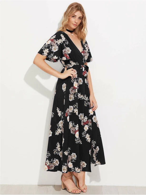 Floral Flutter Sleeve Surplice Wrap Dress( Clearance sale