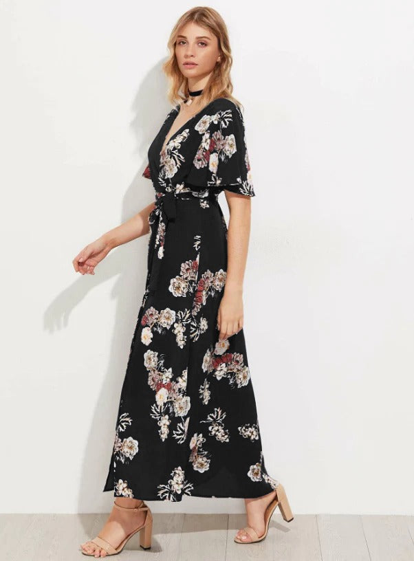 Floral Flutter Sleeve Surplice Wrap Dress( Clearance sale
