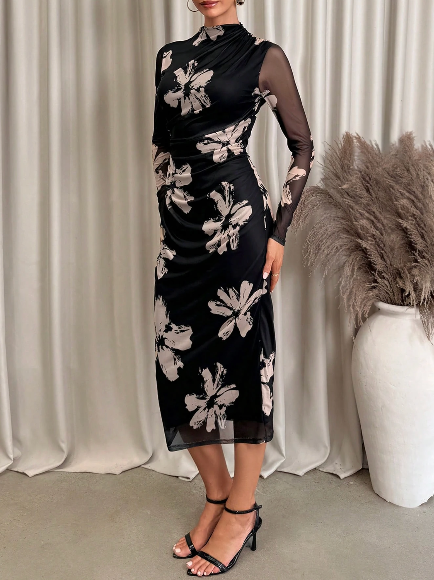 Floral Mesh Ruched Fitted Waist Asymmetrical Bodycon Dress Multicolor
