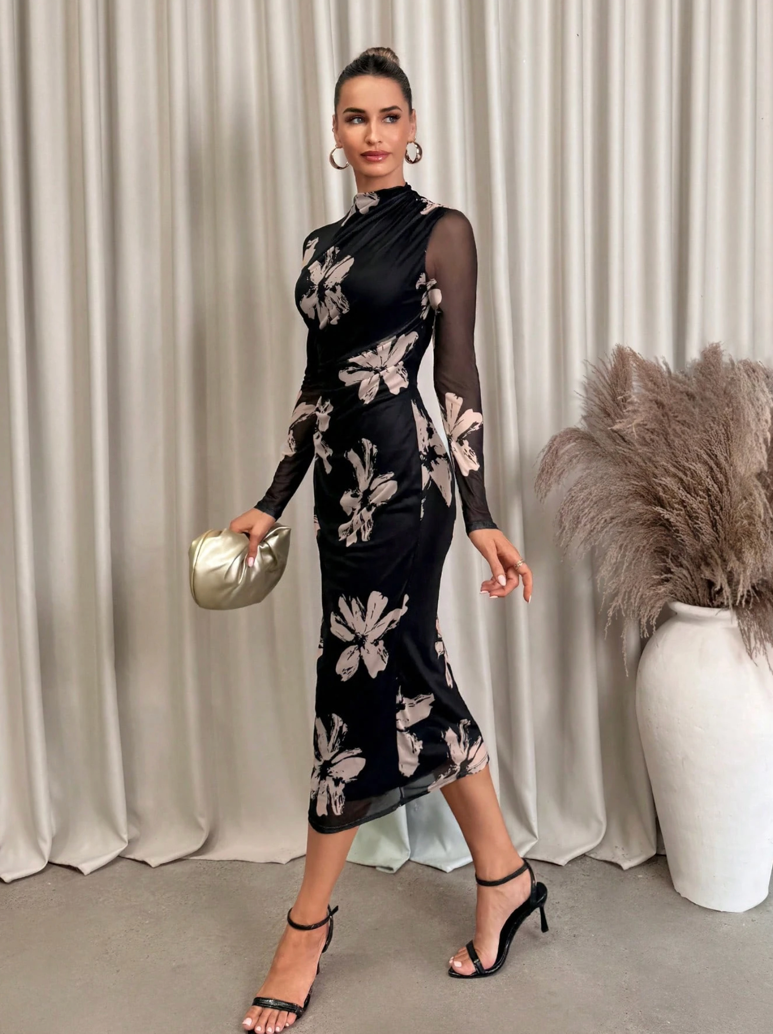 Floral Mesh Ruched Fitted Waist Asymmetrical Bodycon Dress Multicolor