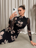 Floral Mesh Ruched Fitted Waist Asymmetrical Bodycon Dress Multicolor