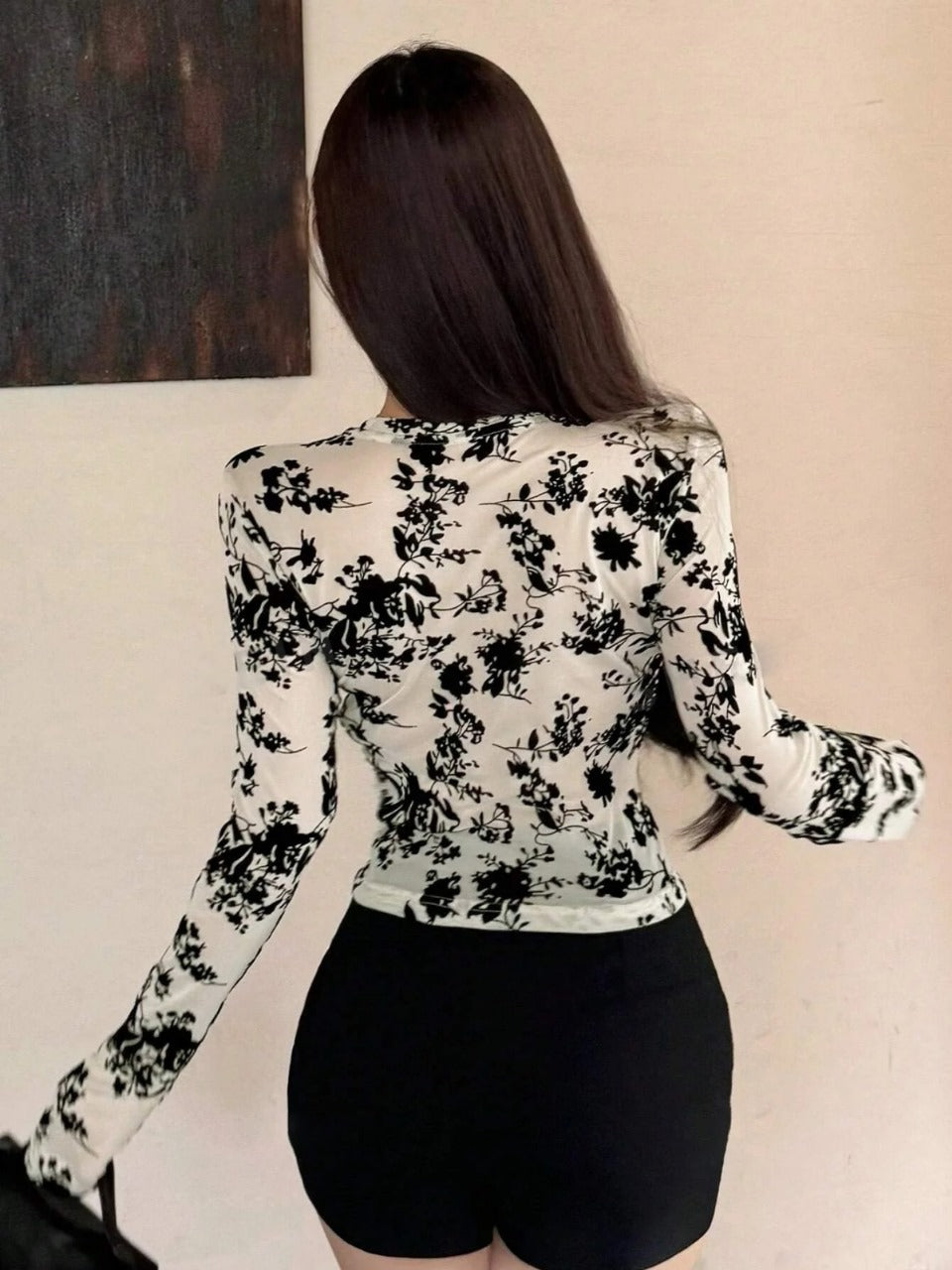 Floral Print Mesh Long Sleeve Top Going Out Tops