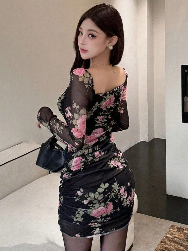 Floral Print Mock Neck Long Sleeve Fitted Dress With Thermal Lined