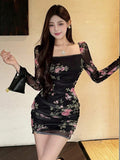 Floral Print Mock Neck Long Sleeve Fitted Dress With Thermal Lined