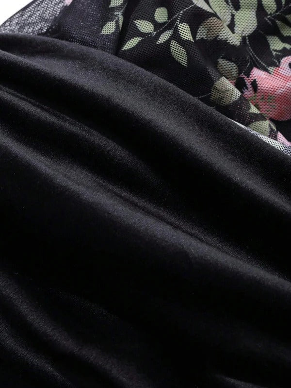 Floral Print Mock Neck Long Sleeve Fitted Dress With Thermal Lined