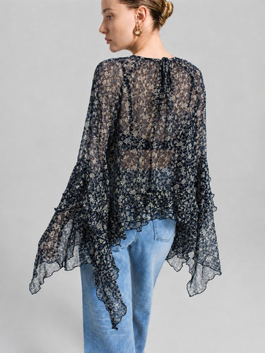 Floral Ruffle Trim long sleeve chiffon blouse