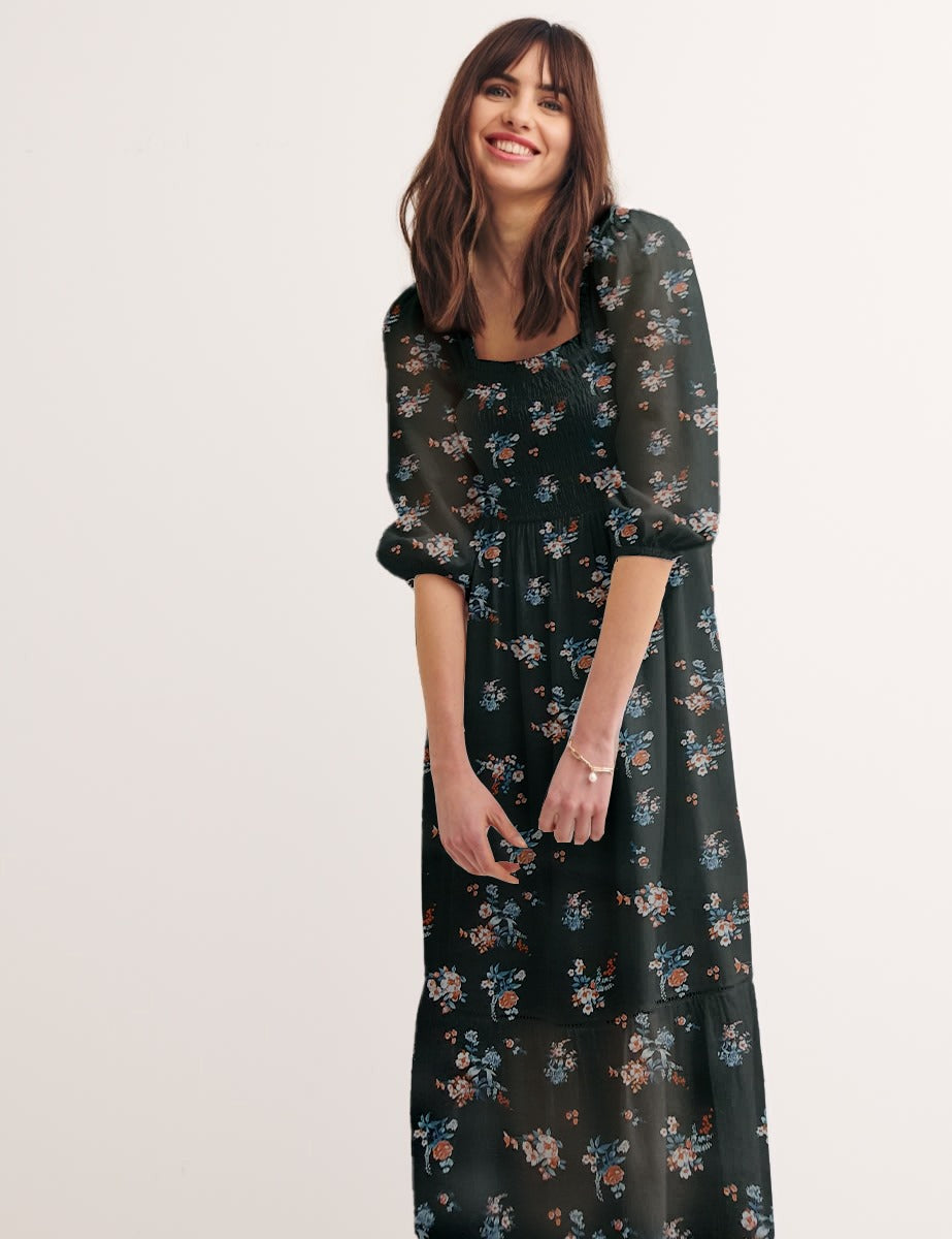 Parien Shirred Floral Black Dress