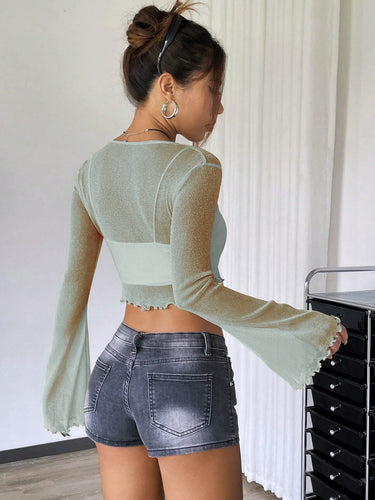 Front Tie Mesh Long Sleeve Crop Top