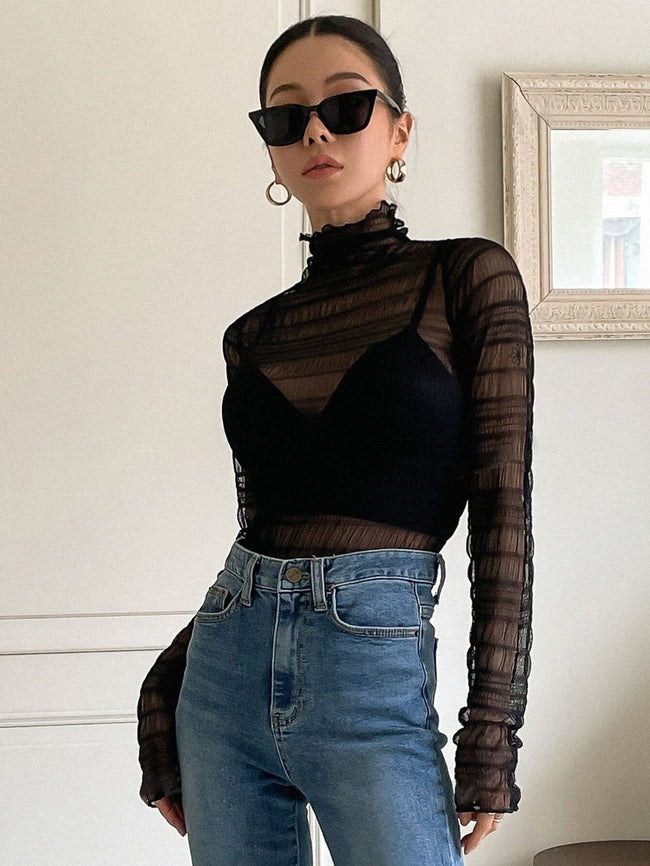 Top Neck Model Without Shell High Neck Lettuce Trim Textured Mesh Top Without Bra – Parien House