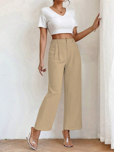 High Waist Plicated Detail Straight Leg Khaki Pants