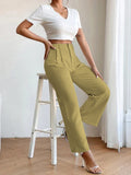 Plicated Detail Straight Leg Pants