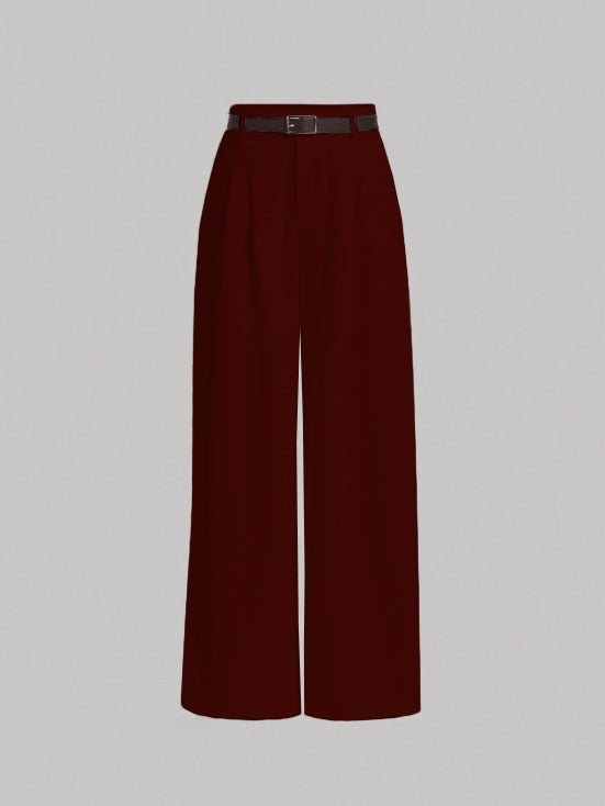 High Waist Plicated Straight Leg Belted Dress Pants Without belt