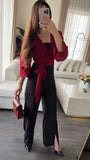Parien Swiss Dot Wrap Blouse and Straight Leg Pants