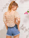 Lace Trim Ruffle Foldover Shirred Ditsy Floral Top