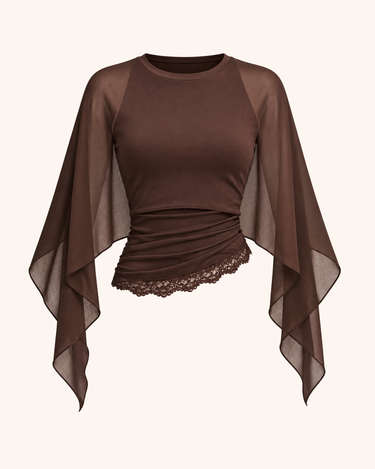 Parien Brown Asymmetrical Wrap Batwing Top