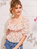 Lace Trim Ruffle Foldover Shirred Ditsy Floral Top