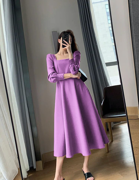 Long Sleeve Square Neck Fit & Flare Midi Dress( Clearance sale