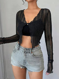 Long Sleeve Lace See-Through Elegant Black Tops