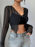 Long Sleeve Lace See-Through Elegant Black Tops