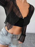 Long Sleeve Lace See-Through Elegant Black Tops