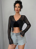 Long Sleeve Lace See-Through Elegant Black Tops