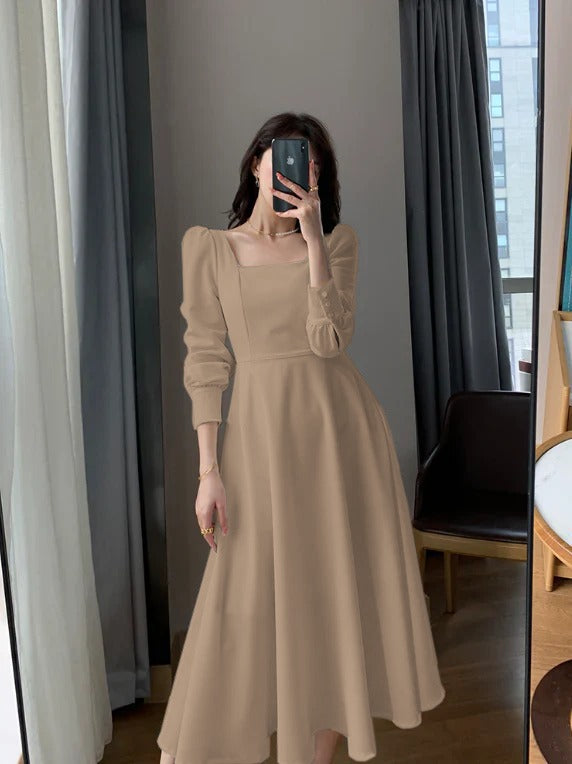 Long Sleeve Square Neck Fit & Flare Midi Dress Parien House Long Sleeve Square Neck Fit & Flare Midi Dress Parien House