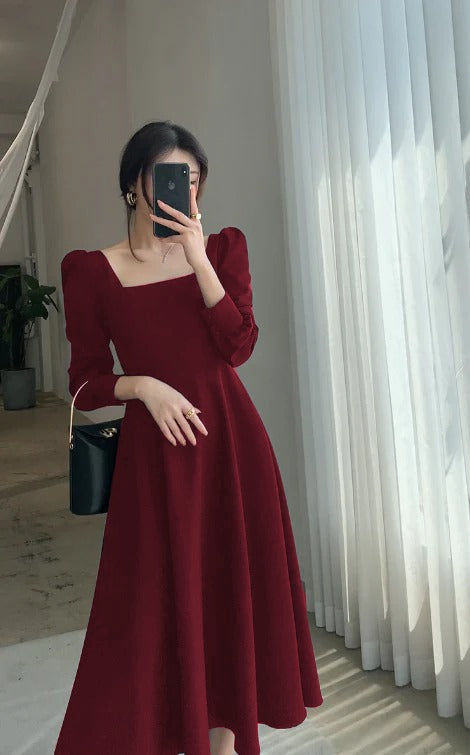 Long Sleeve Square Neck Fit & Flare Midi Dress Parien House Long Sleeve Square Neck Fit & Flare Midi Dress Parien House