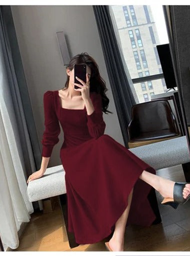Flare Midi Square Neck Long Sleeve Midi Dress Red Square Neck Long