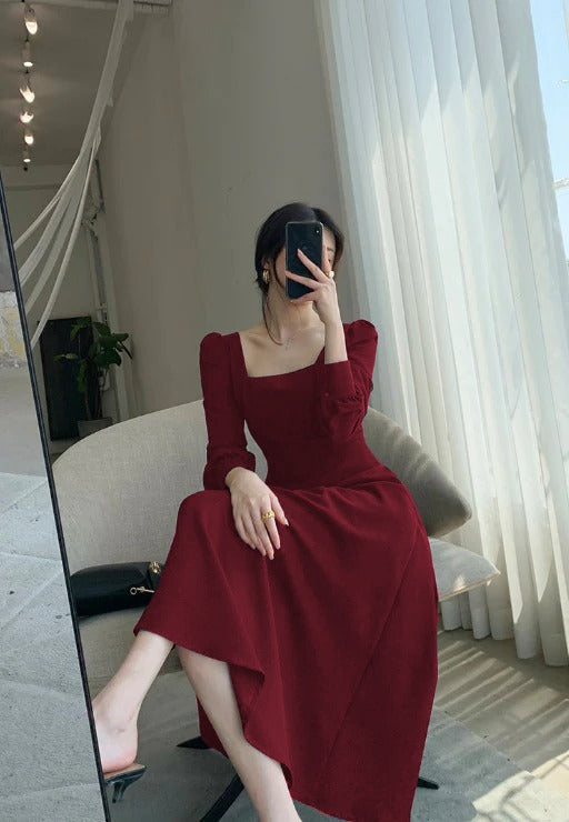 Long Sleeve Square Neck Fit & Flare Midi Dress Parien House Long Sleeve Square Neck Fit & Flare Midi Dress Parien House