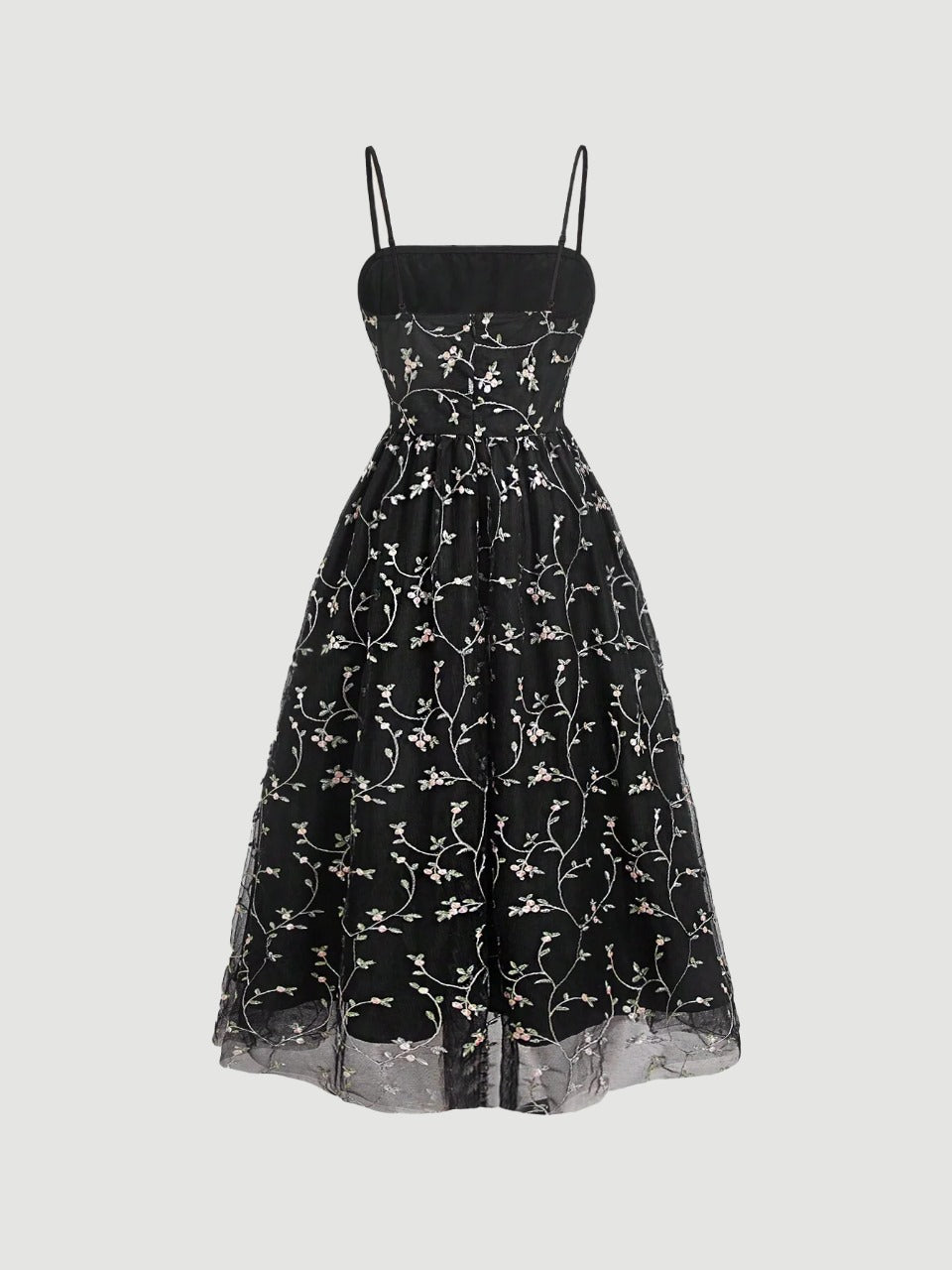 MOD Floral Embroidery Mesh Overlay Date Night Black Cami Dress(Clearan Parien House MOD Floral Embroidery Mesh Overlay Date Night Black Cami Dress(Clearan Parien House