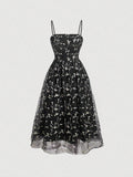 MOD Floral Embroidery Mesh Overlay Date Night Black Cami Dress