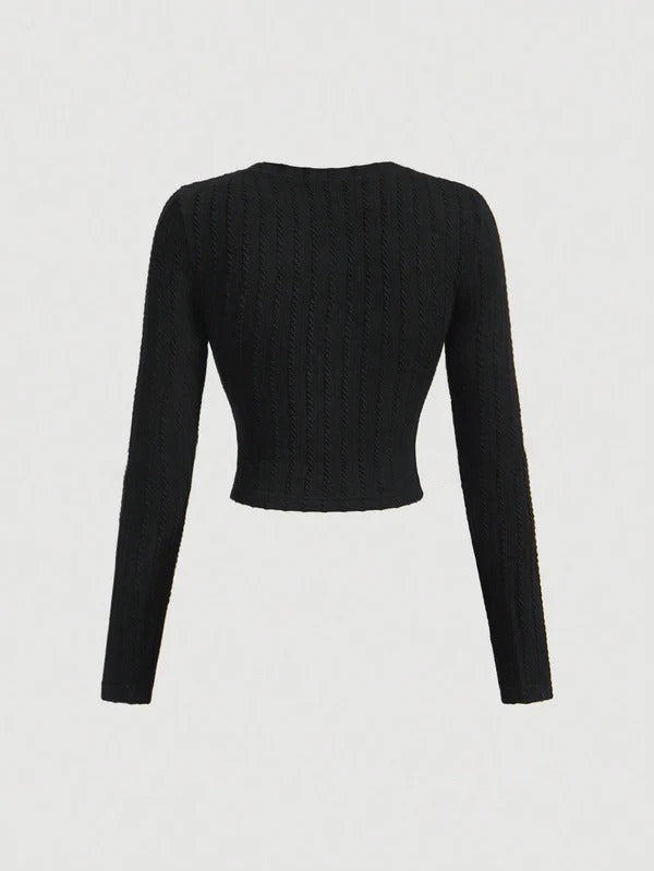 MOD Black Elegant Round Neck Metal Button Bell Sleeve Top