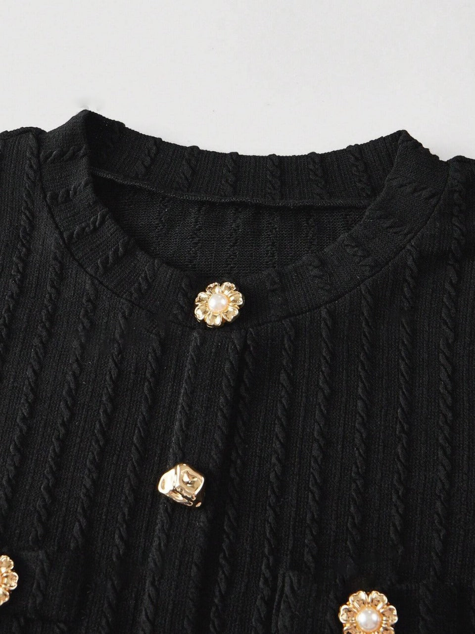 MOD Black Elegant Round Neck Metal Button Bell Sleeve Top
