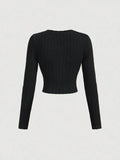 MOD Black Elegant Round Neck Metal Button Bell Sleeve Top