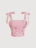 MOD Romantic Flower Printed Tie Shoulder Tank Top
