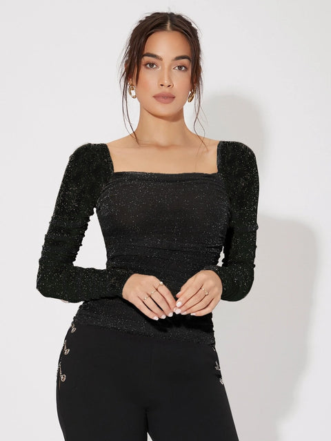 Mesh Panel Ruched Glitter Top
