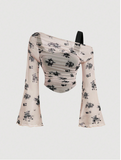 Mesh Printed Flare Sleeve Fitted Crop Top