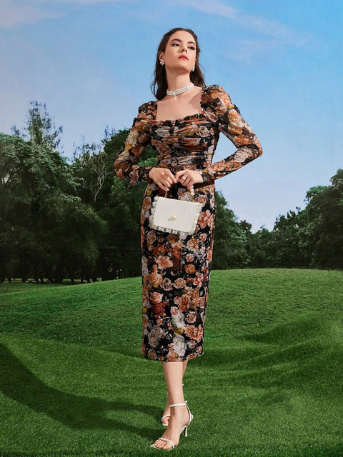 Modely Allover Floral Print Split Hem Dress