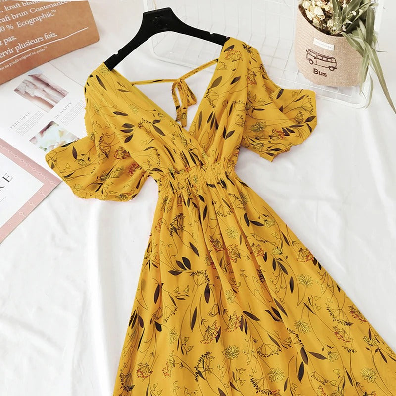 Mustard V-neck Ruffle Boho Floral Chiffon Dress