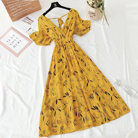 Mustard V-neck Ruffle Boho Floral Chiffon Dress