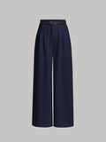 Navy High Waist Plicated Straight Leg Belted Dress Pants Without Belt